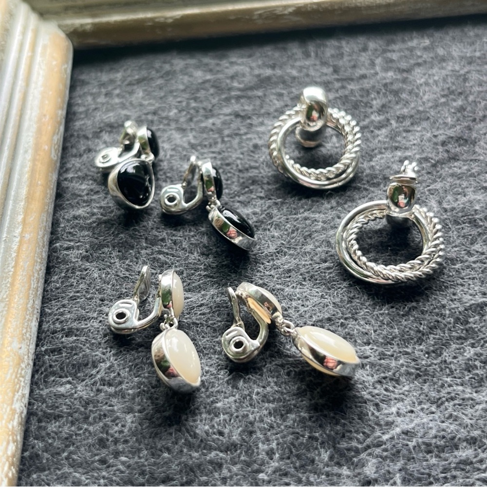 Elegant Silver and Black Earrings Set VINTAGE 80'S HMN CLIP ON EARRINGS- 3 Pairs - Picture 3 of 7